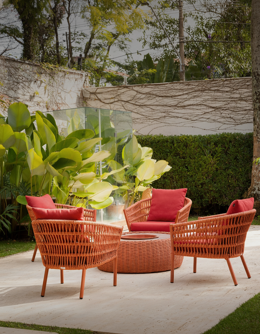 Poltronas Kauai em corda náutica terracota ao redor de uma mesa de centro